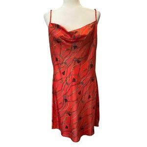 Guess Red Satin Mini Slip Dress Sz XL Draped Neck Chain Belt Rope Print Flirty